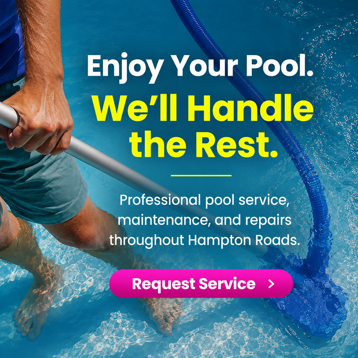 Pool service technician cleaning a swimming pool with promotional text offering a free pool or hot tub health inspection and 50% off the first month of service.