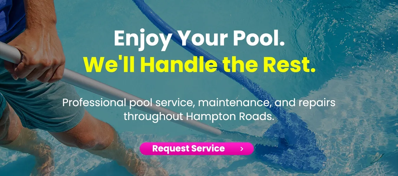 Pool service technician cleaning a swimming pool with promotional text offering a free pool or hot tub health inspection and 50% off the first month of service.