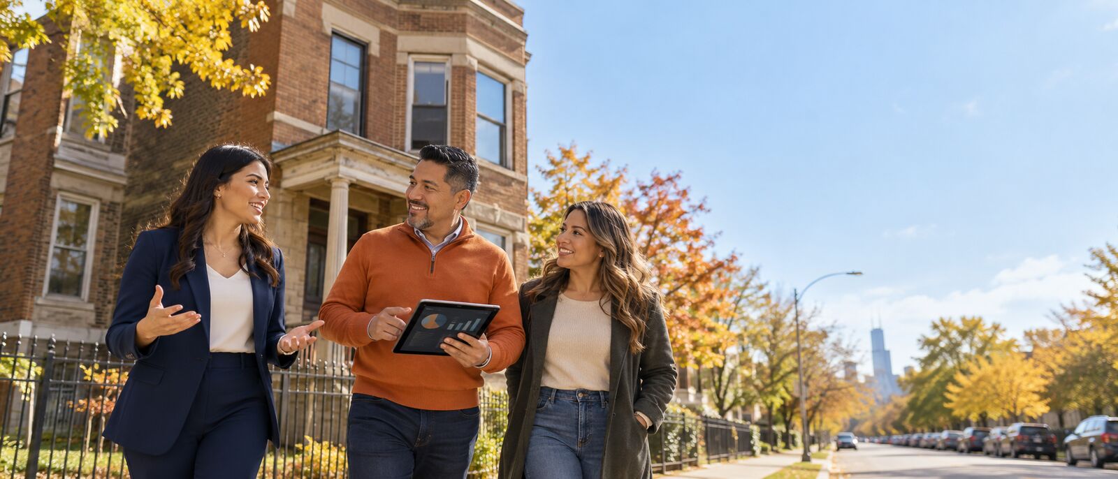 Realtor de Fliplatino con dos inversionistas frente a una propiedad en Chicago