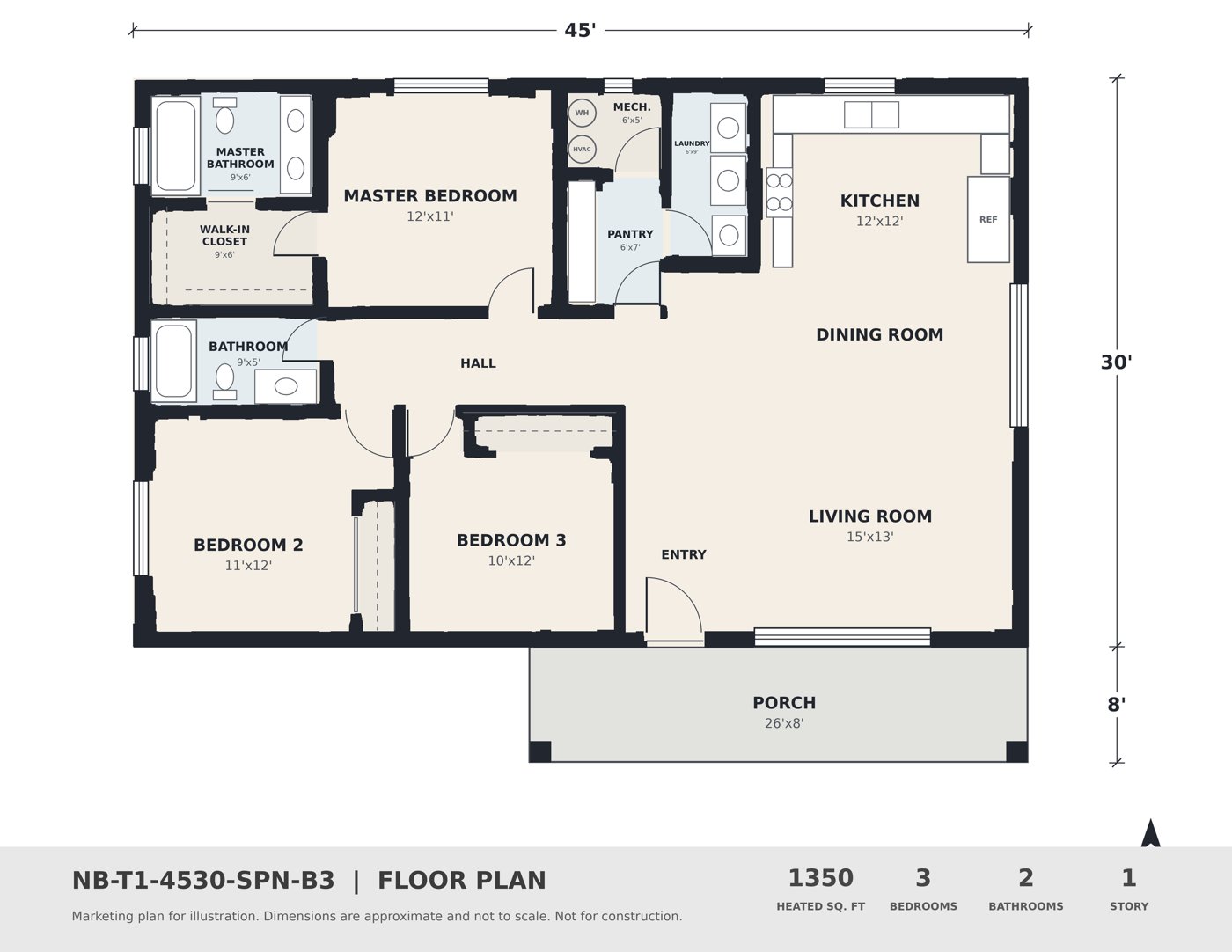 Floor plan of Blazing Star: 45 by 30 feet, master suite with walk-in closet on the left, two bedrooms and a hall bath in the middle, open kitchen, dining, and living room on the right.