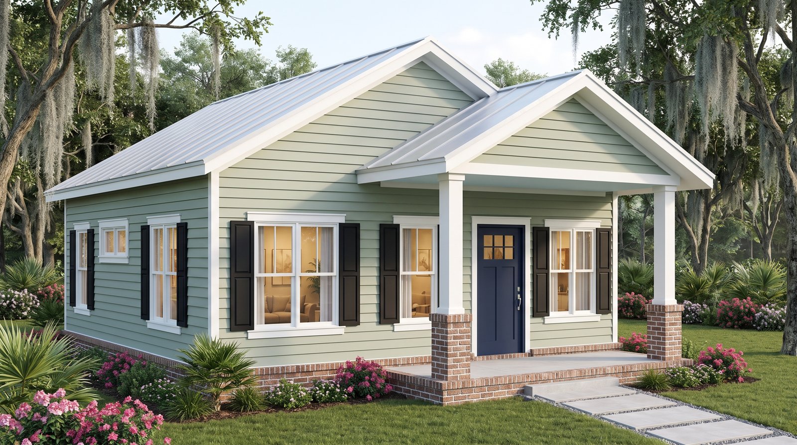 Rendering of Blazing Star in the Lowcountry finish: one story, sage lap siding, black shutters, a white gabled front porch on brick piers, and a light metal roof.
