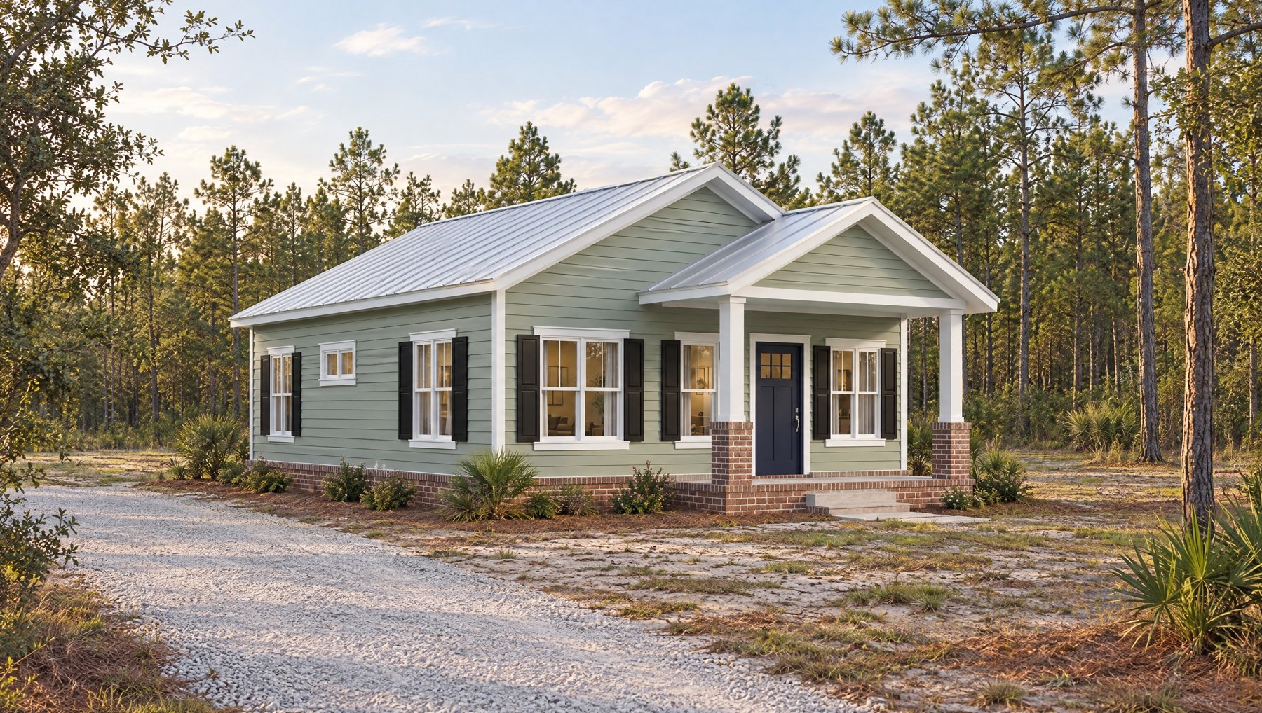 Rendering of Blazing Star in the Lowcountry finish on a cleared, sandy North Florida lot: sage lap siding, black shutters, white gabled porch on brick piers, silver metal roof, a limerock driveway, planted slash pines and saw palmetto around the edges.