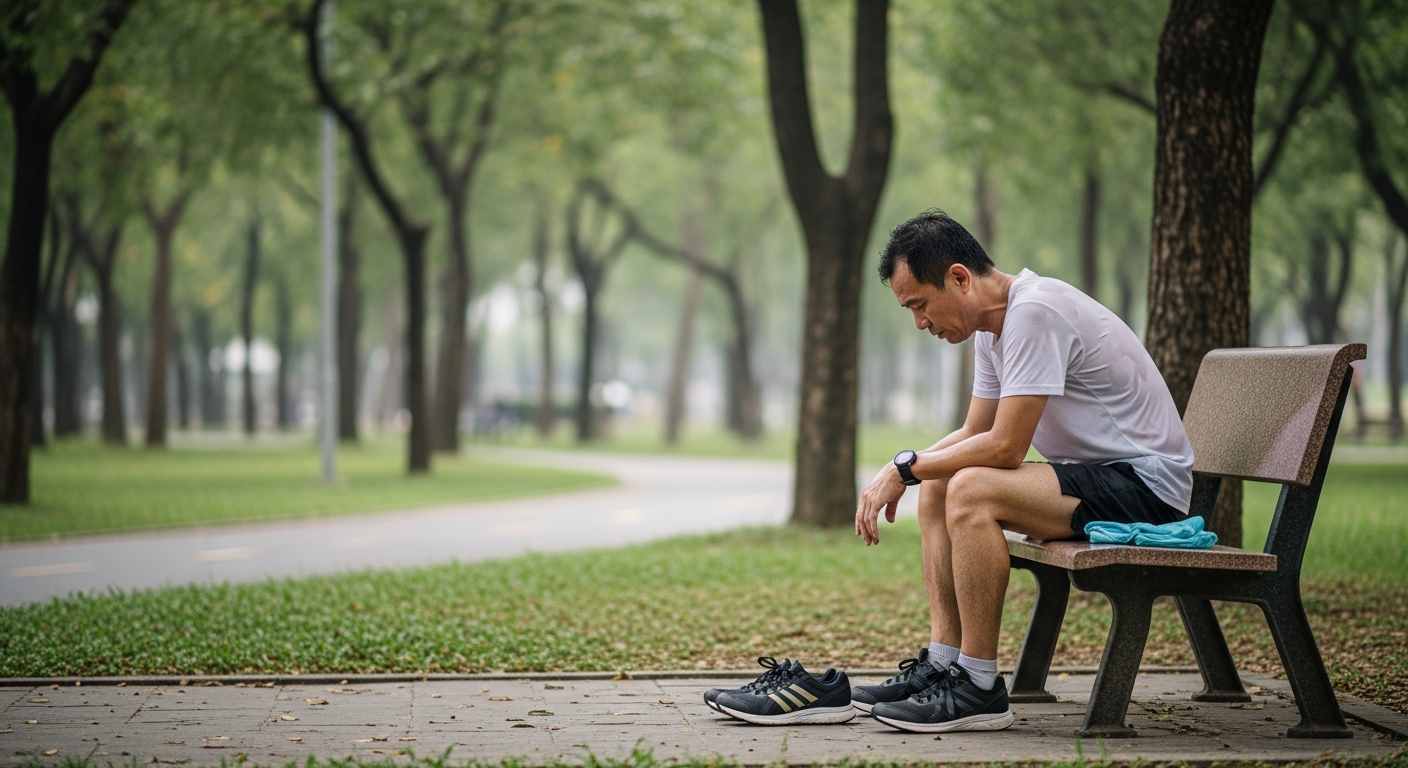 Runner ngồi kiệt sức sau buổi tập nặng - dấu hiệu overtraining syndrome