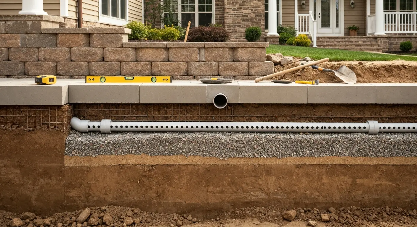 Drainage system in retaining wall