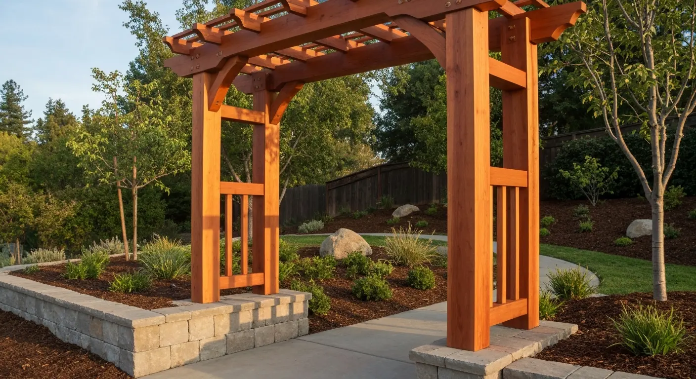 Wooden arbor entry in landscaped Alamo yard