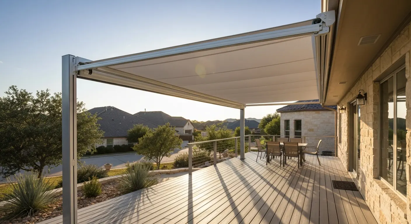Retractable canopy on residential deck