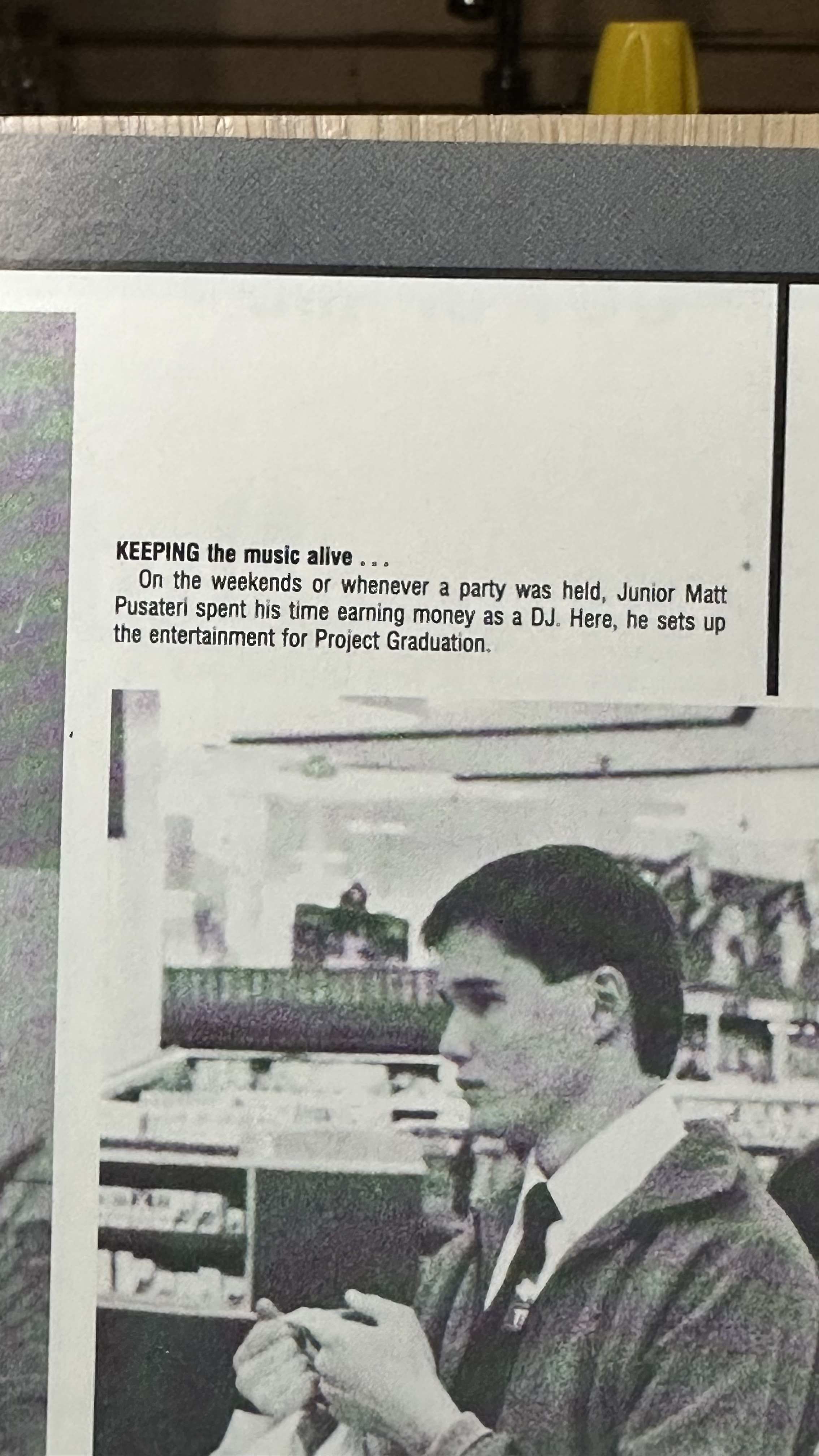 Newspaper clipping — Matt Pusateri DJing Project Graduation, New Braunfels TX, early 1990s