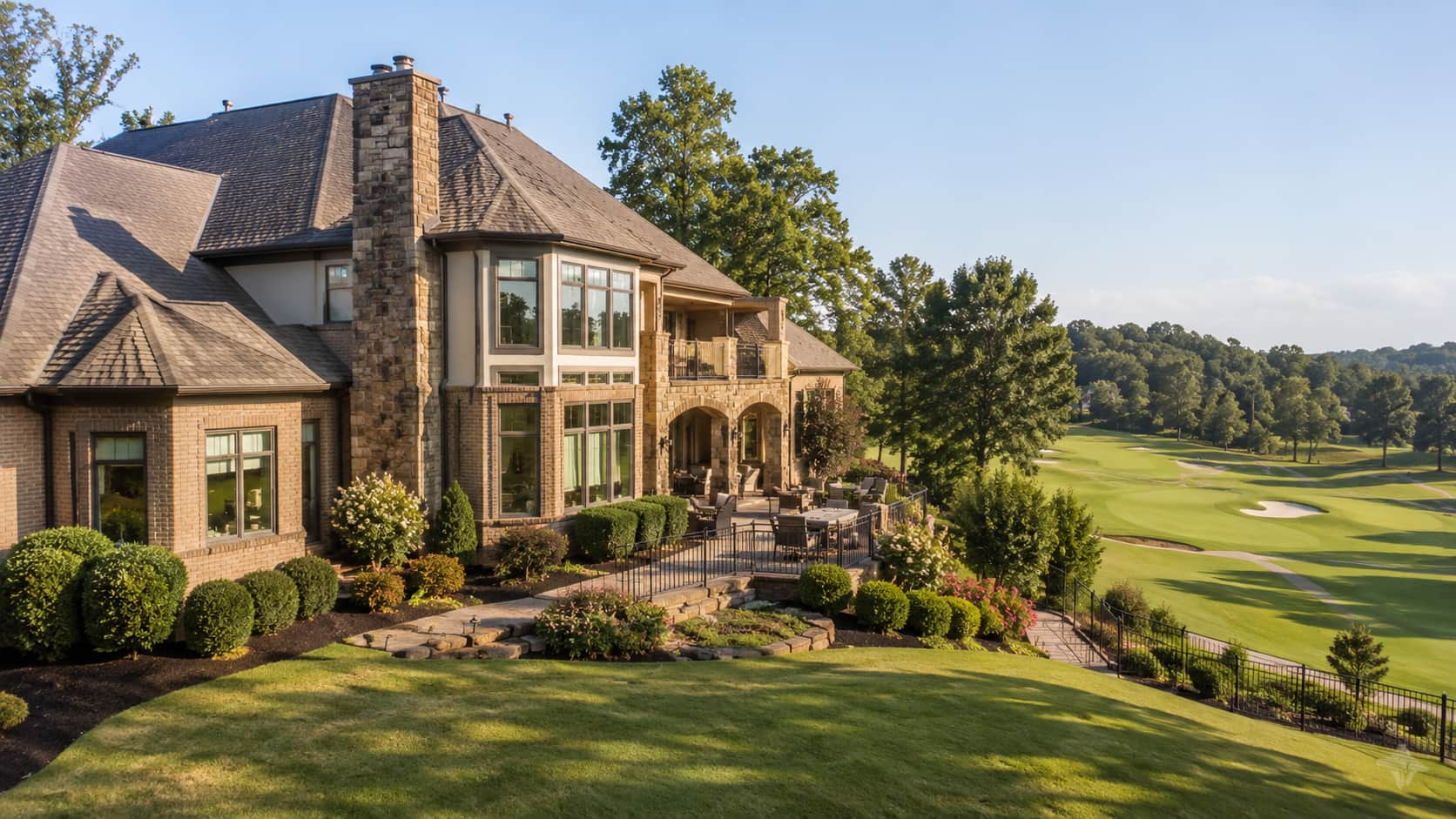 Large luxury home overlooking a manicured golf course with mature landscaping and fairway views.