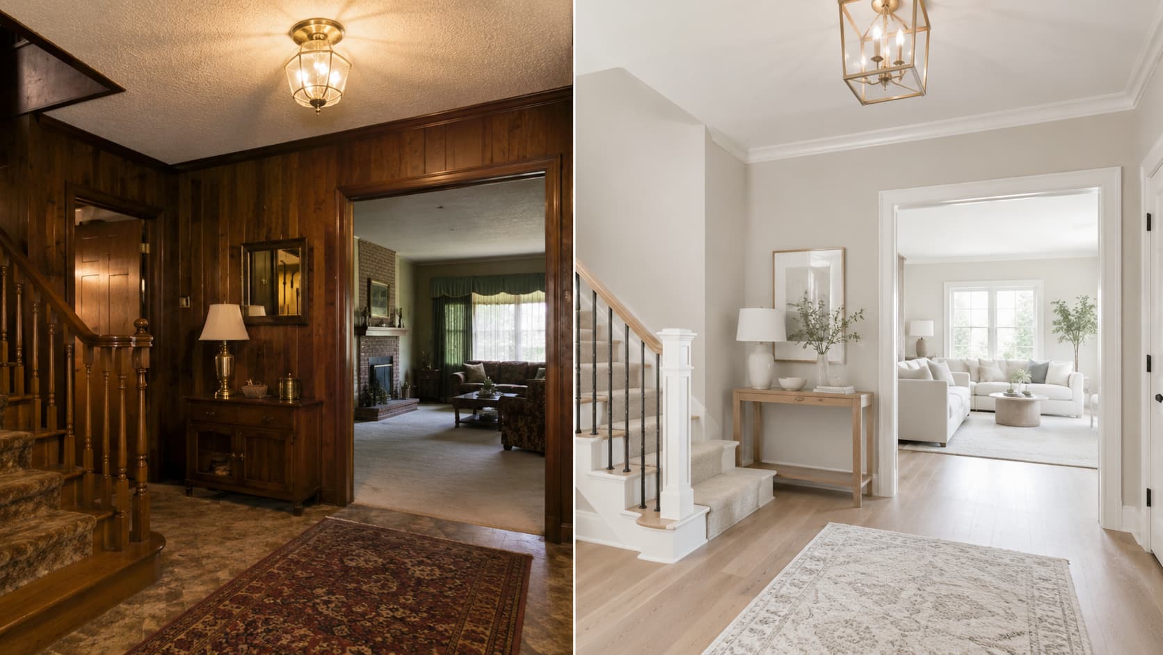 Before and after style home interior showing a dated wood-paneled foyer beside a bright modern neutral renovation.