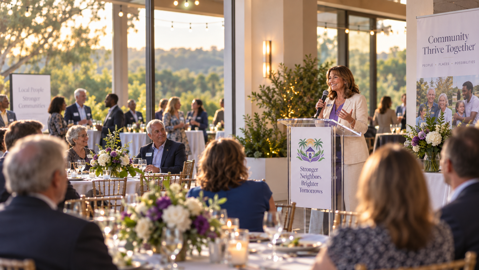 Illustrative community event with a spokesperson addressing guests