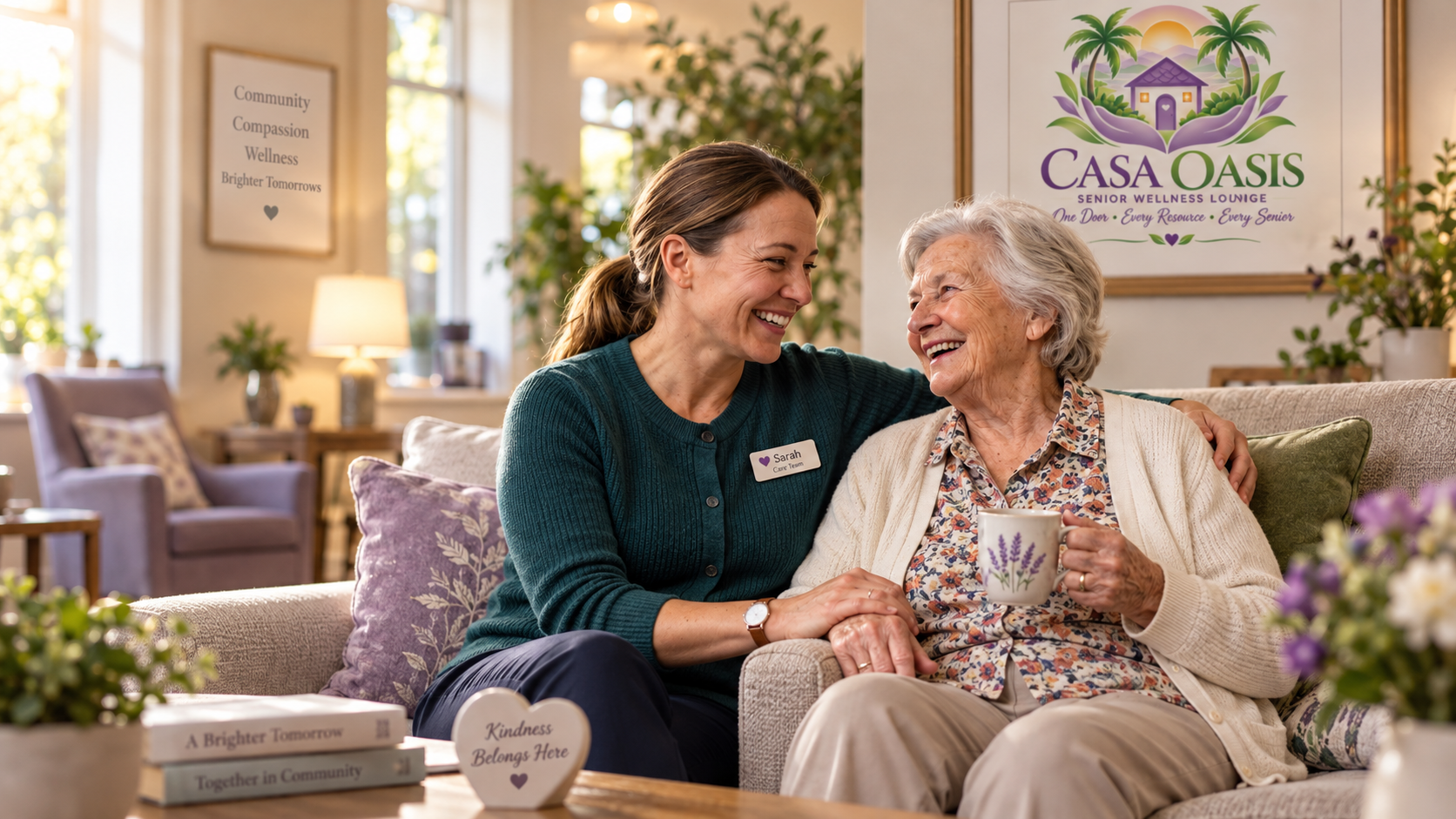 Illustrative caregiver spending a joyful moment with an older adult in a welcoming lounge