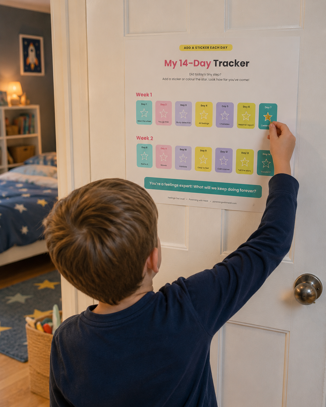 Child adding a sticker to the 14-Day Tracker