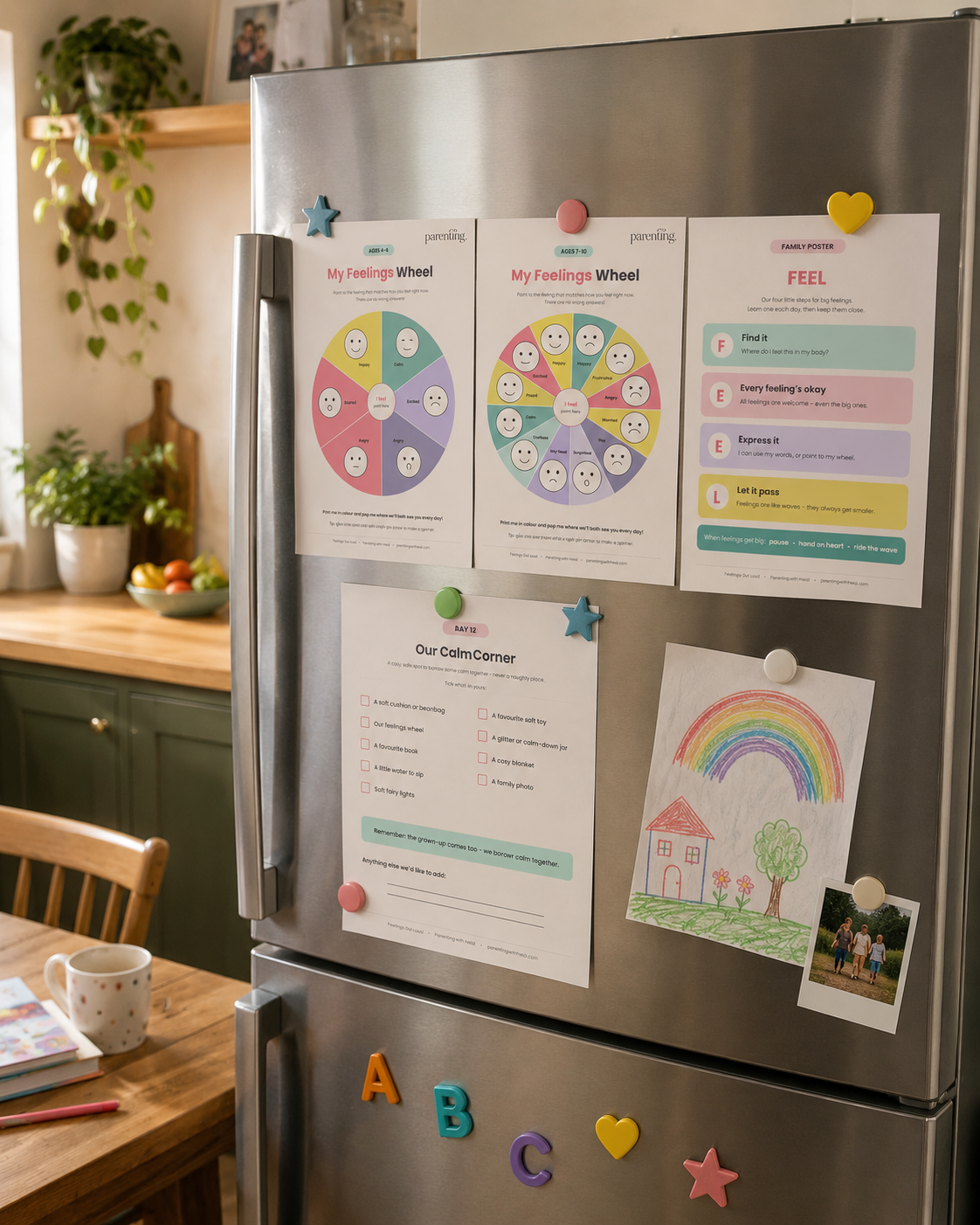 Feelings Out Loud printables displayed on the fridge: feelings wheels, FEEL poster, calm corner checklist