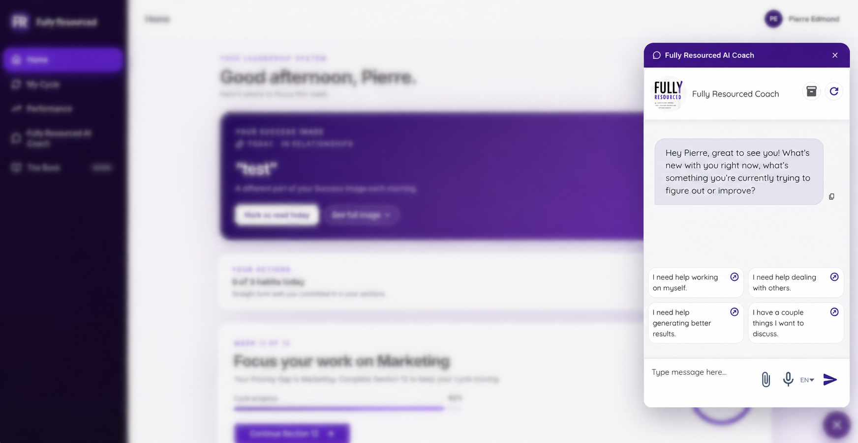 Fully Resourced AI Coach chat panel inside the app