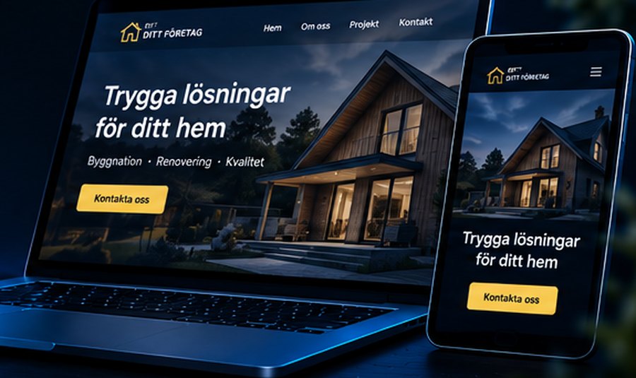 Exempel på hemsida vi byggt – visad på laptop och mobil