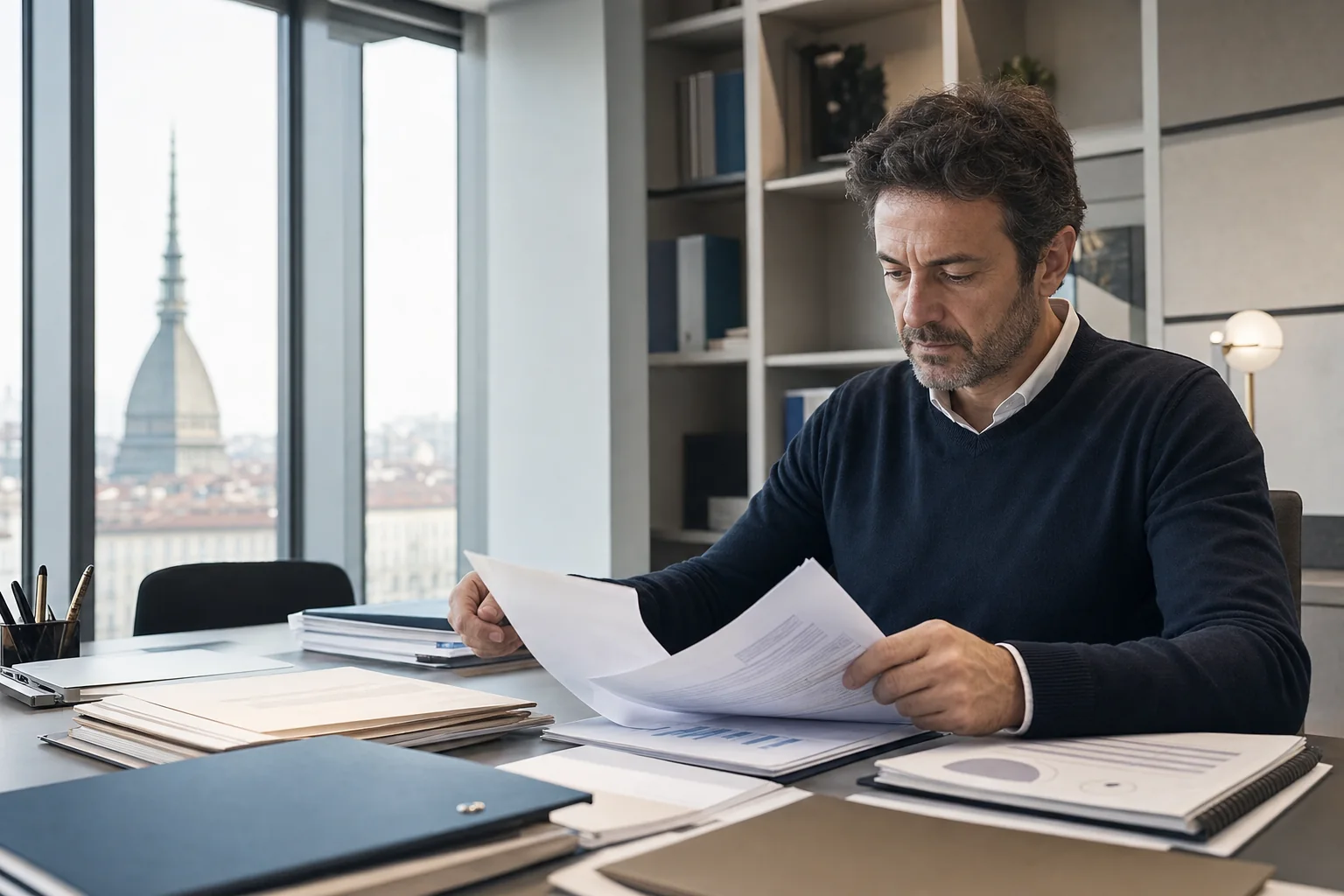 Imprenditore che analizza documenti e dati aziendali