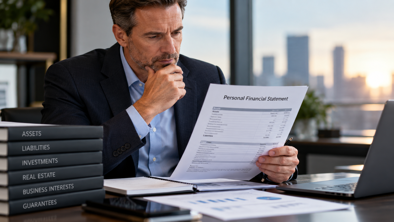 Business owner reviewing a Personal Financial Statement before meeting with a commercial bank Business owner reviewing a Personal Financial Statement before meeting with a commercial bank