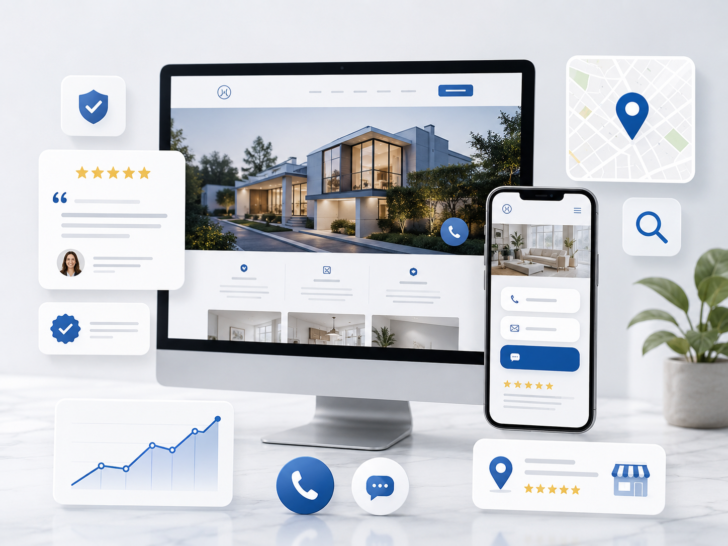 Visual showing trust signals, contact CTA, and local SEO icons