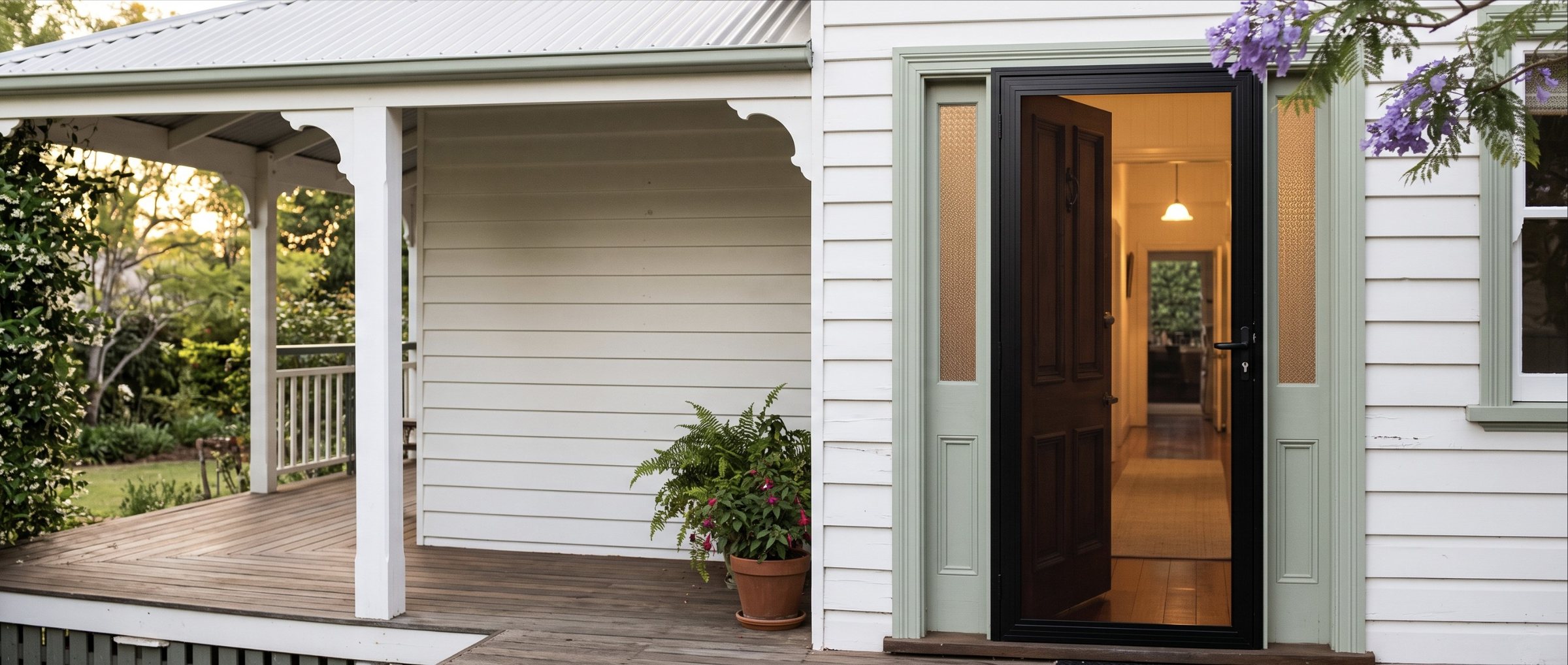 A black-framed SecureView security door fitted over the open front door of a Toowoomba Queenslander