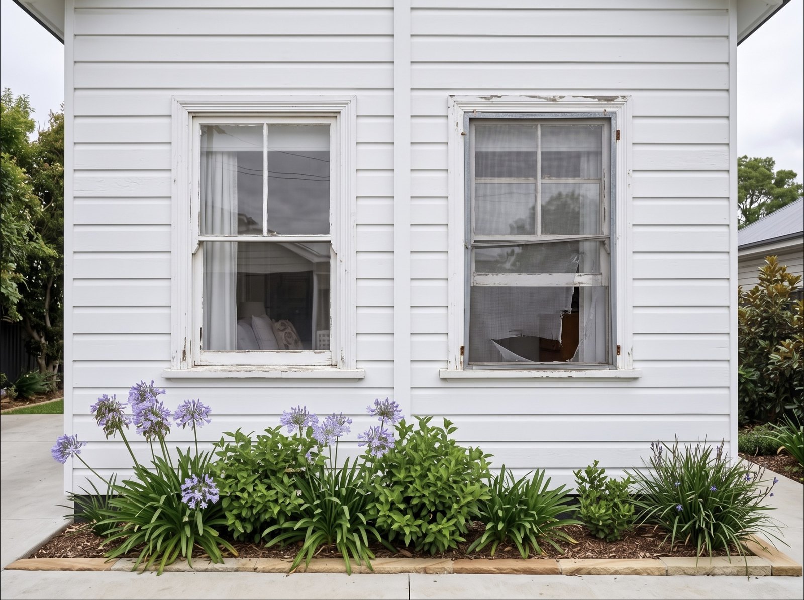 Before: tired timber windows with a torn fly screen