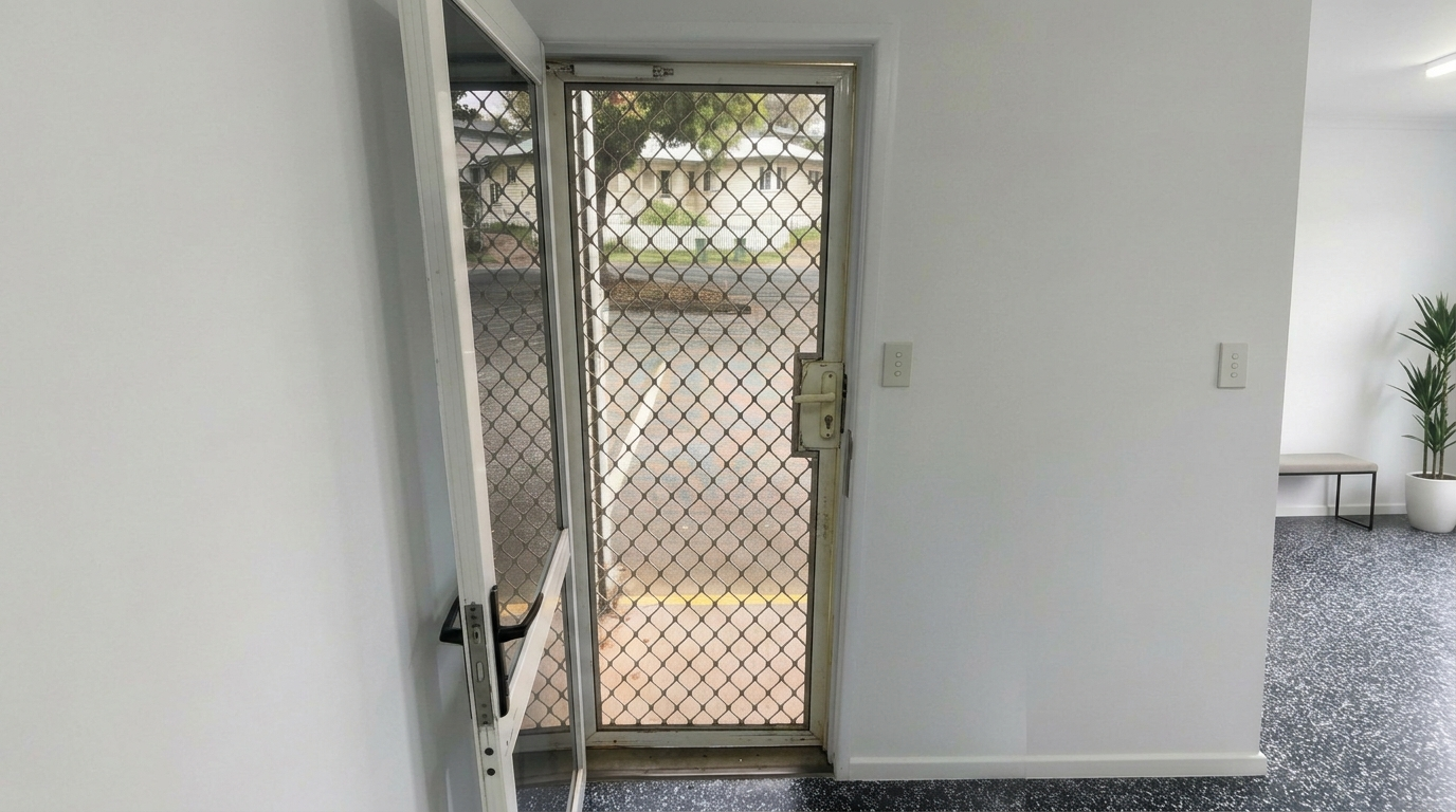 Before: the same doorway with an old white diamond grille barrier door