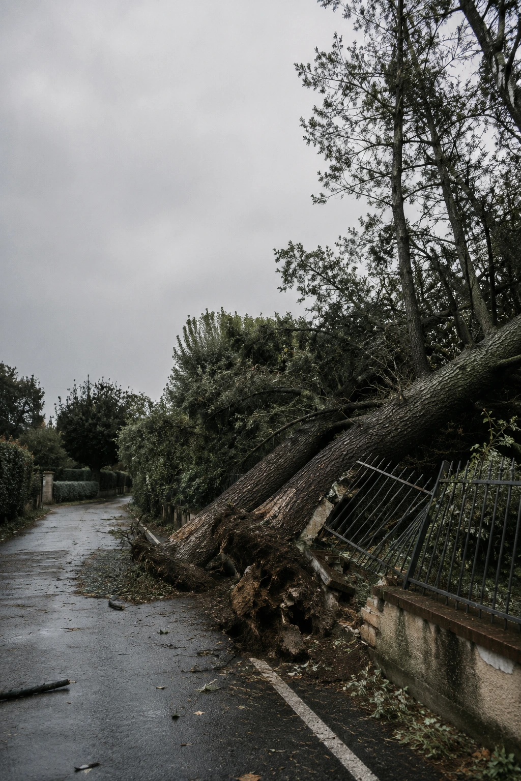 Piante cadute a bordo strada che hanno danneggiato le ringhiere e invaso la carreggiata