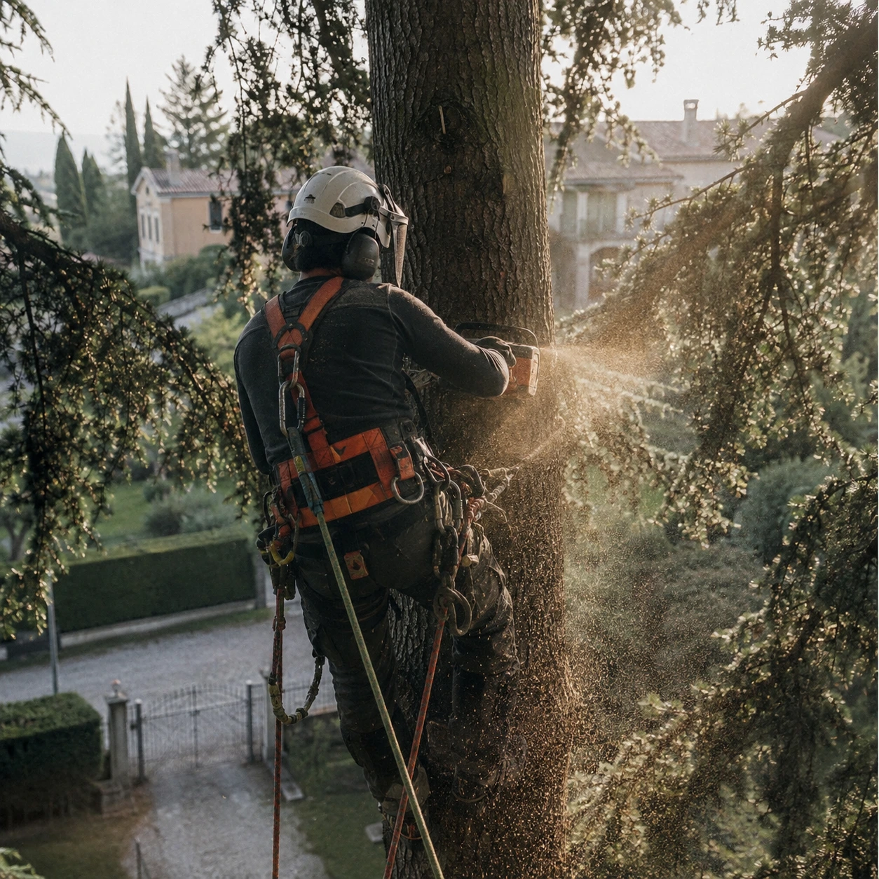 Abbattimento di un albero in tree climbing, operatore imbragato con motosega