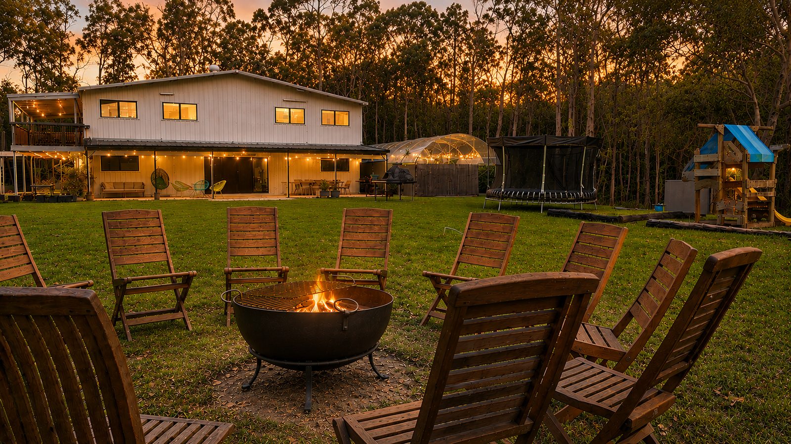 Winston Wallabies at dusk, fire pit glowing on the lawn with the house lit up behind