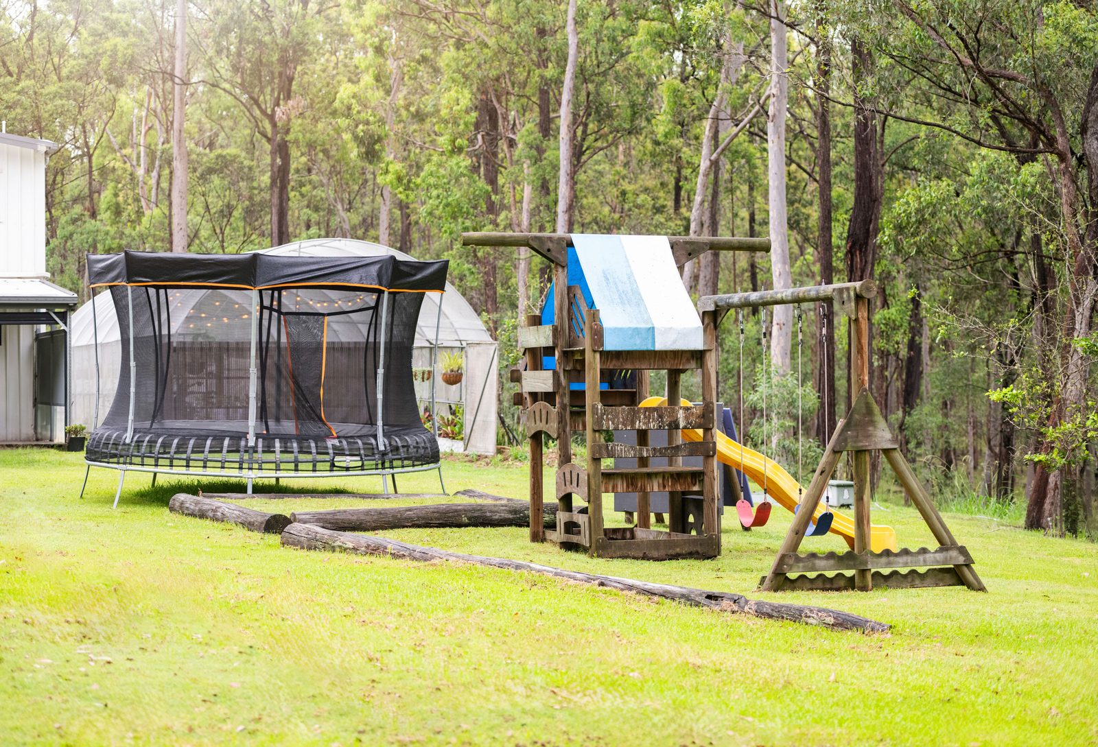 Backyard playground and trampoline