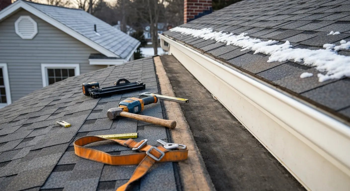 Roof repair work being performed on an existing roof