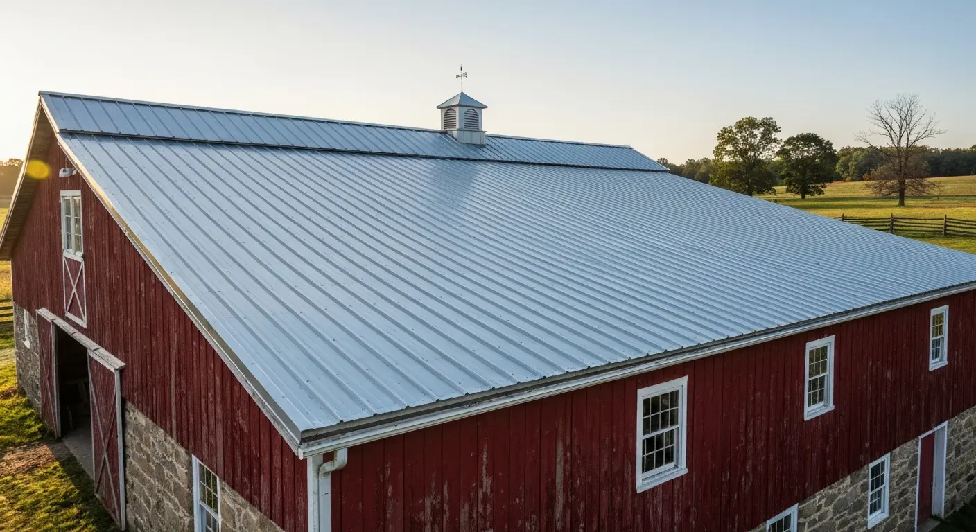 Farm building with metal roof