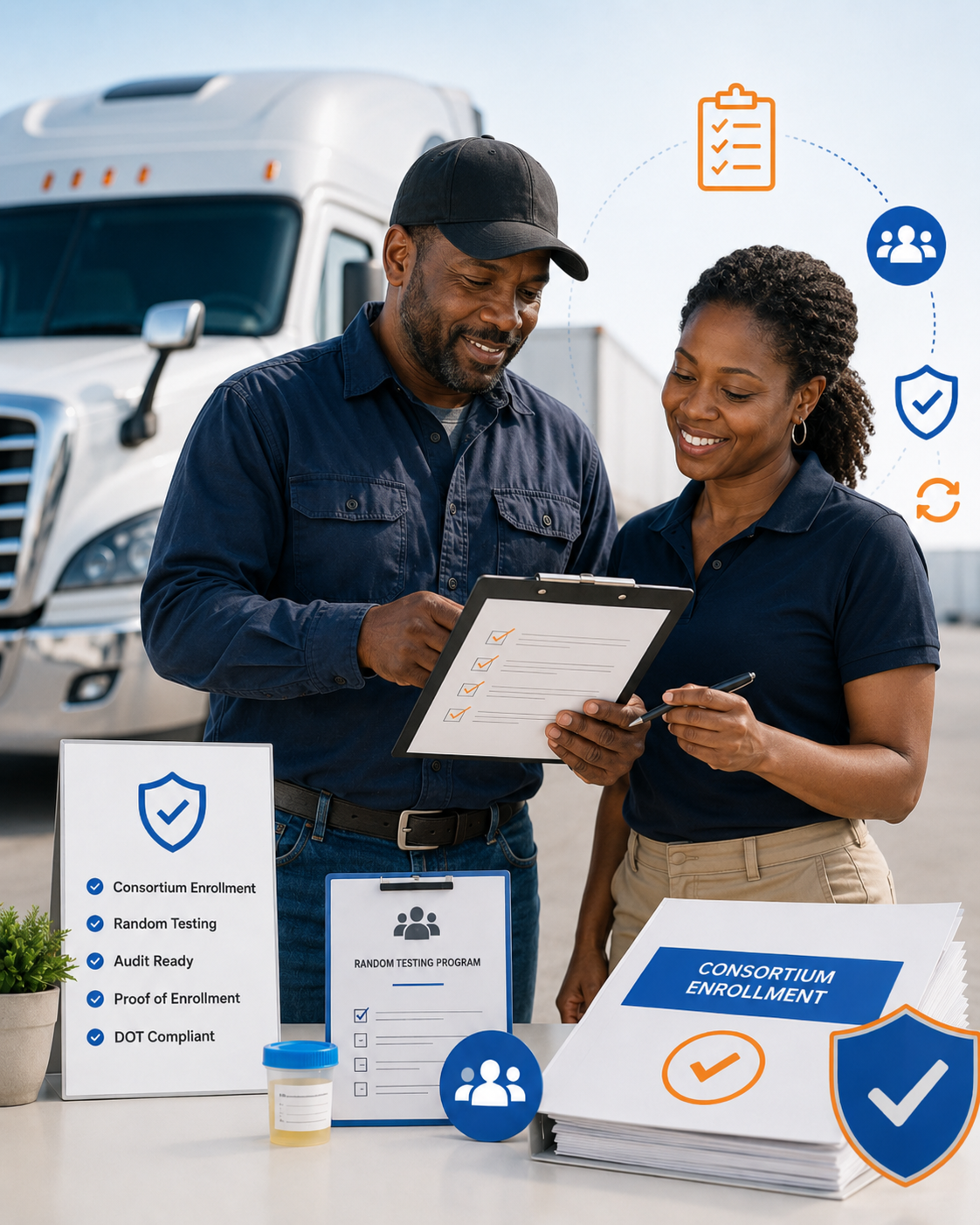 CDL drivers standing in front of commercial trucks for DOT consortium enrollment
