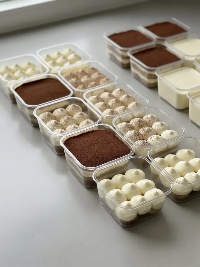 A fresh batch of dessert cups lined up in the kitchen