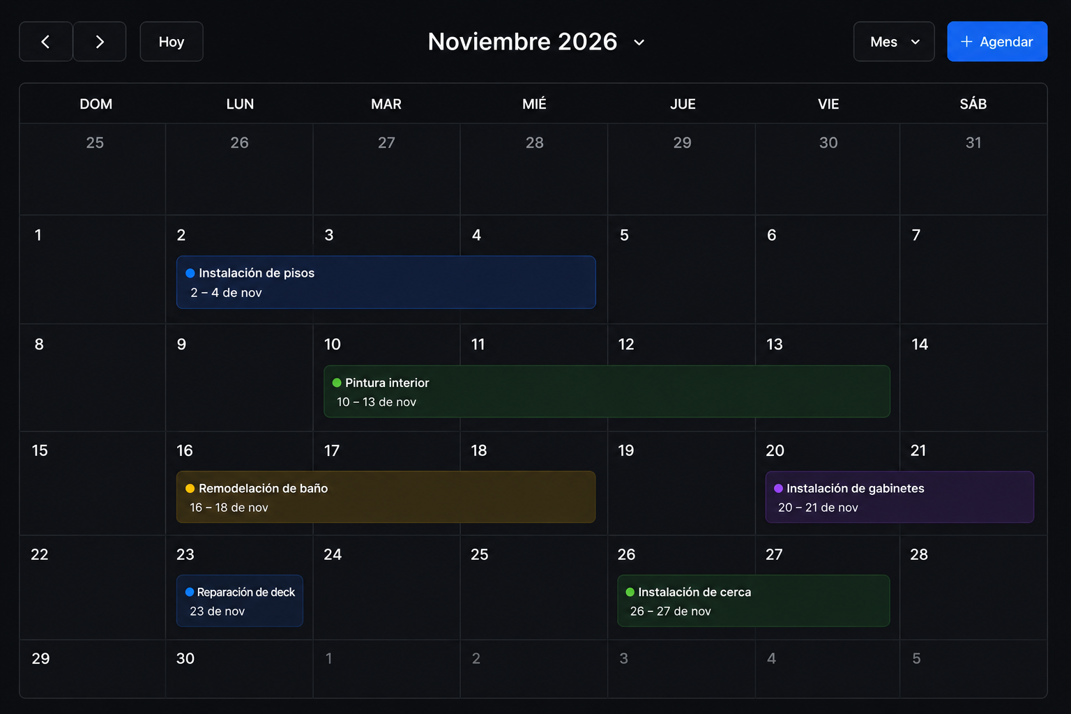 Calendario de trabajos agendados