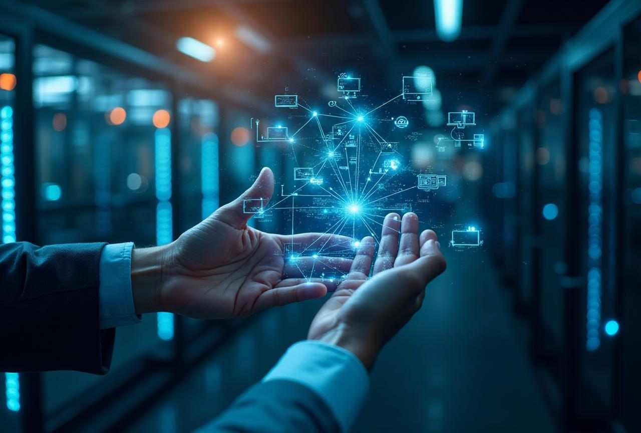 Cybersecurity workspace with digital infrastructure visualization