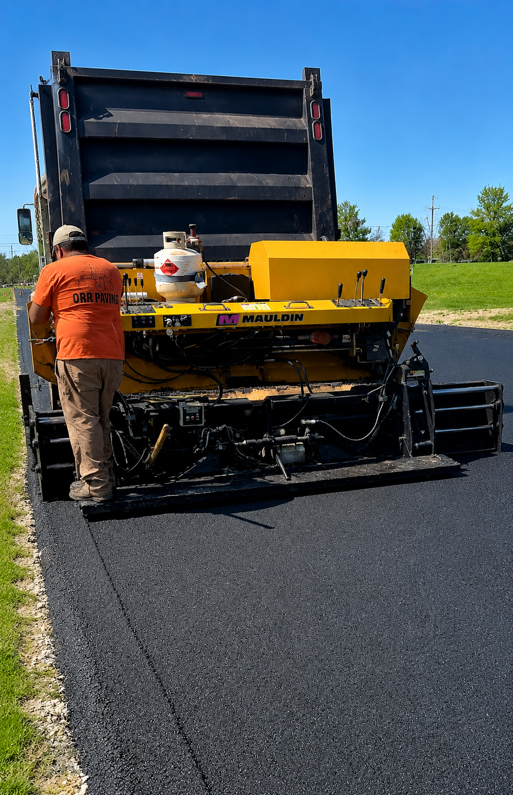 Always Sealcoating & Paving crew with Mauldin paver machine on fresh asphalt