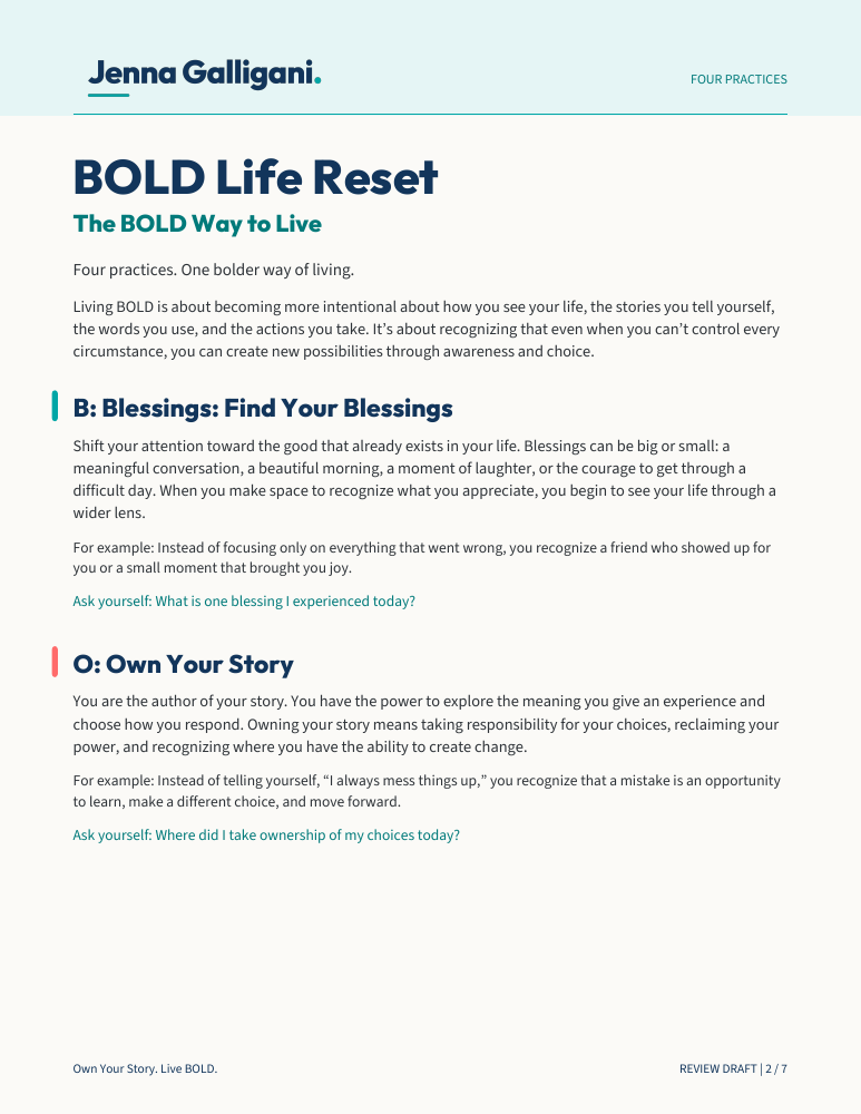 Reflection prompts and writing space from the BOLD Life Reset.
