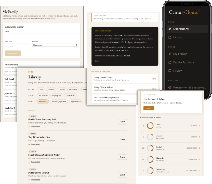 The CenturyHouse platform: the My Family roster, the Library of tools by pillar, a pillar tool with a note from Mark, and the Five Pillars on mobile.