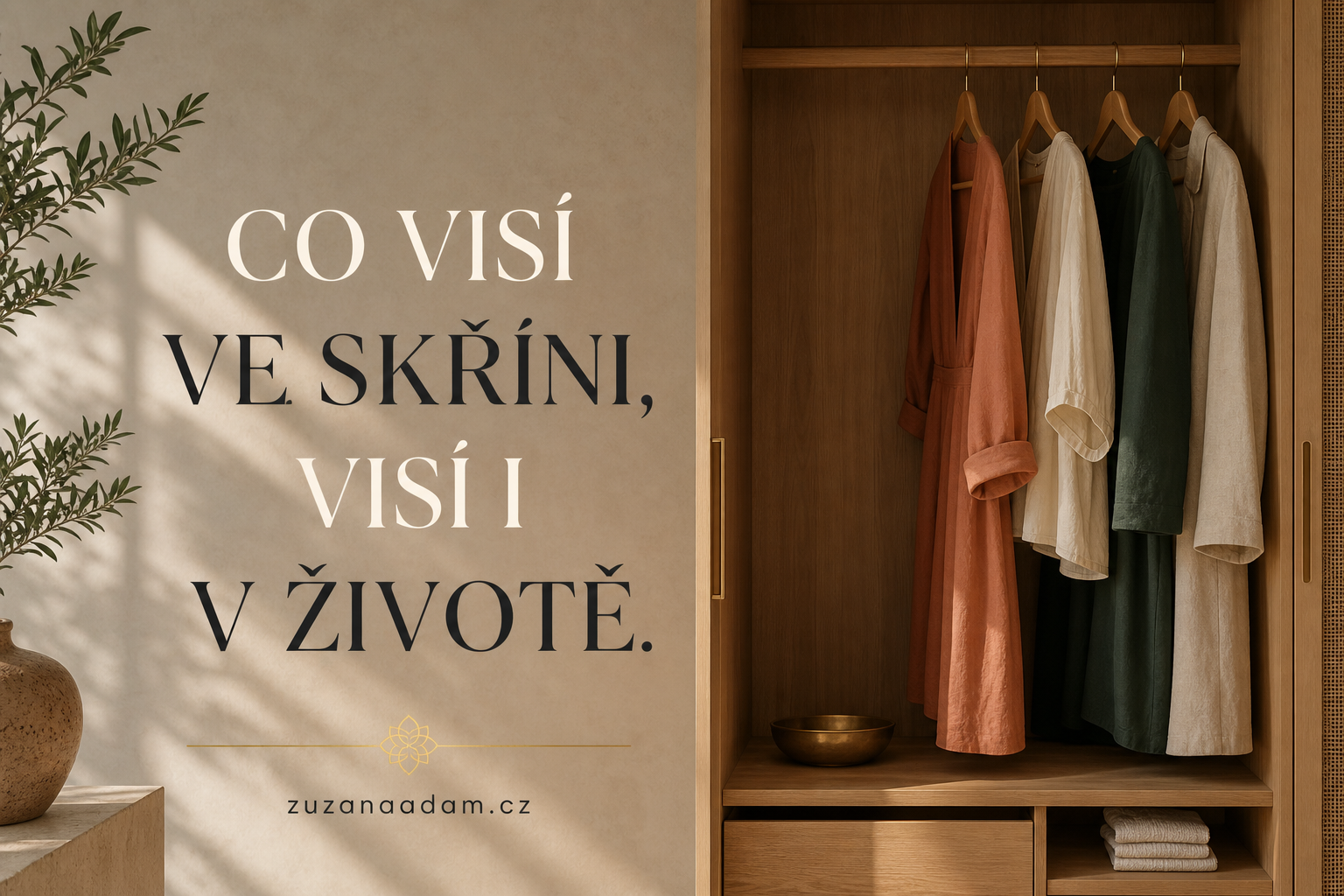 Šatník s pár kusy oblečení a nápisem: Co visí ve skříni, visí i v životě.