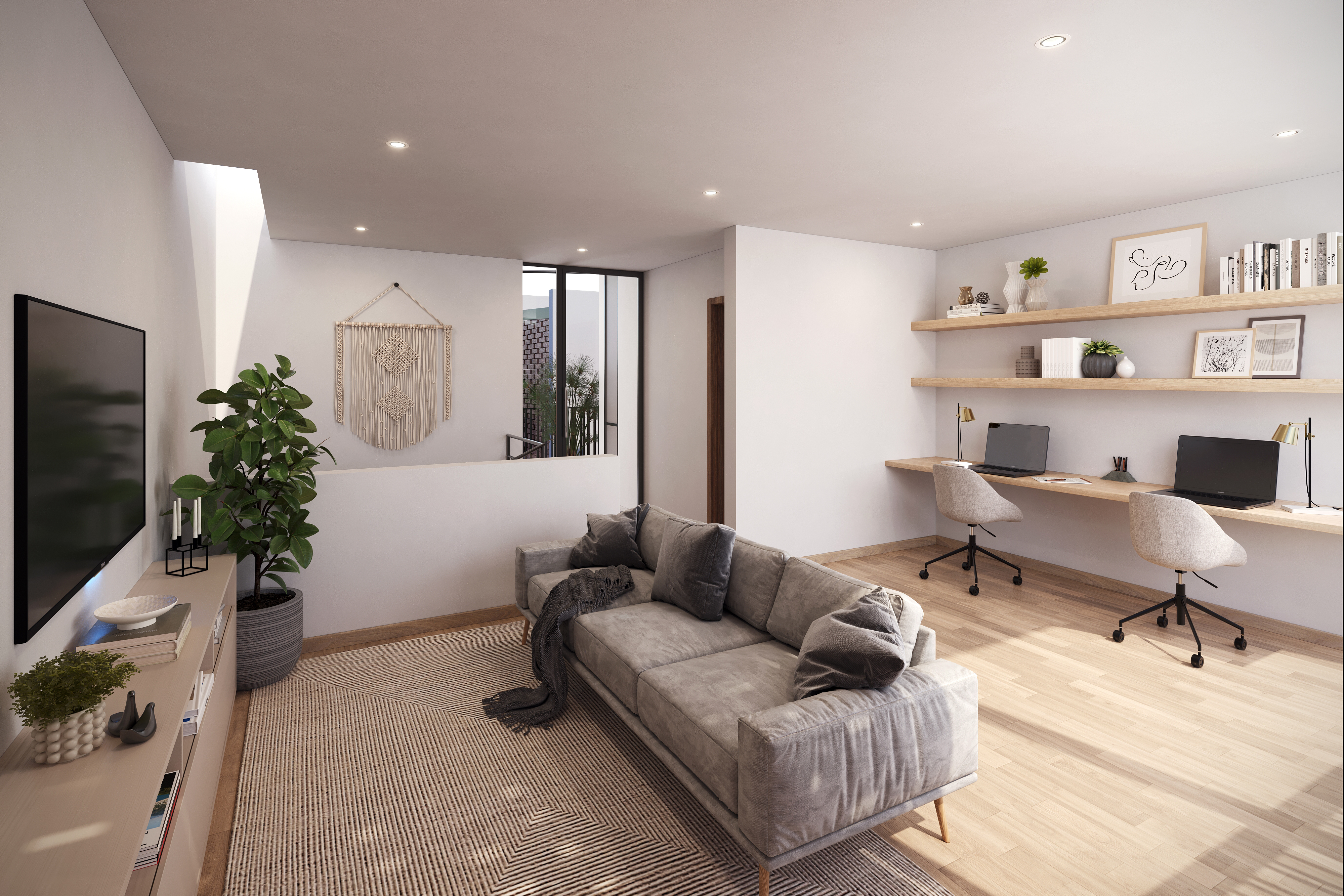 Render Sala de estar y home office — tercera planta KANTU Residencias