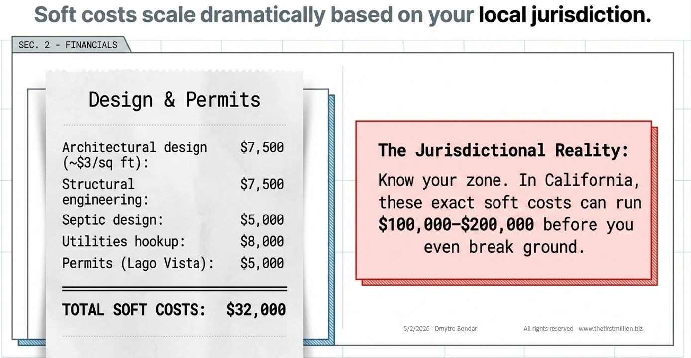 Soft Cost Before House Build starts: Design & Permits" receipt totaling $32,000, plus the California jurisdictional-reality Soft Cost Before House Build starts: Design & Permits" receipt totaling $32,000, plus the California jurisdictional-reality