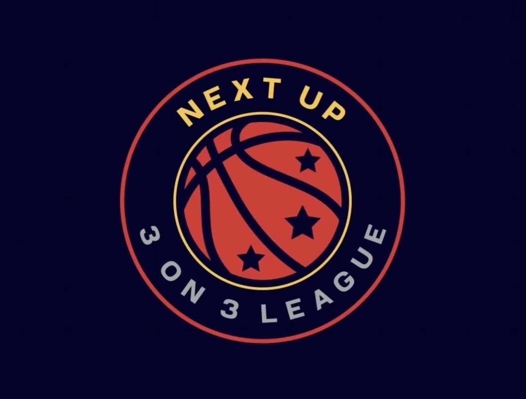 Next Up 3 on 3 Basketball League logo featuring a basketball with three stars in a circular emblem