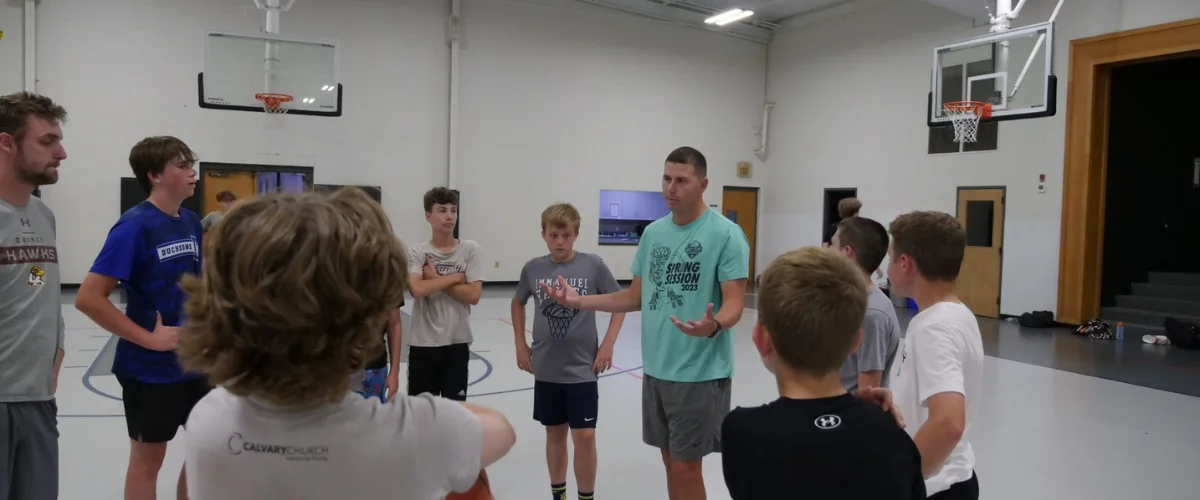 Basketball coach explaining drills to youth players during indoor practice.