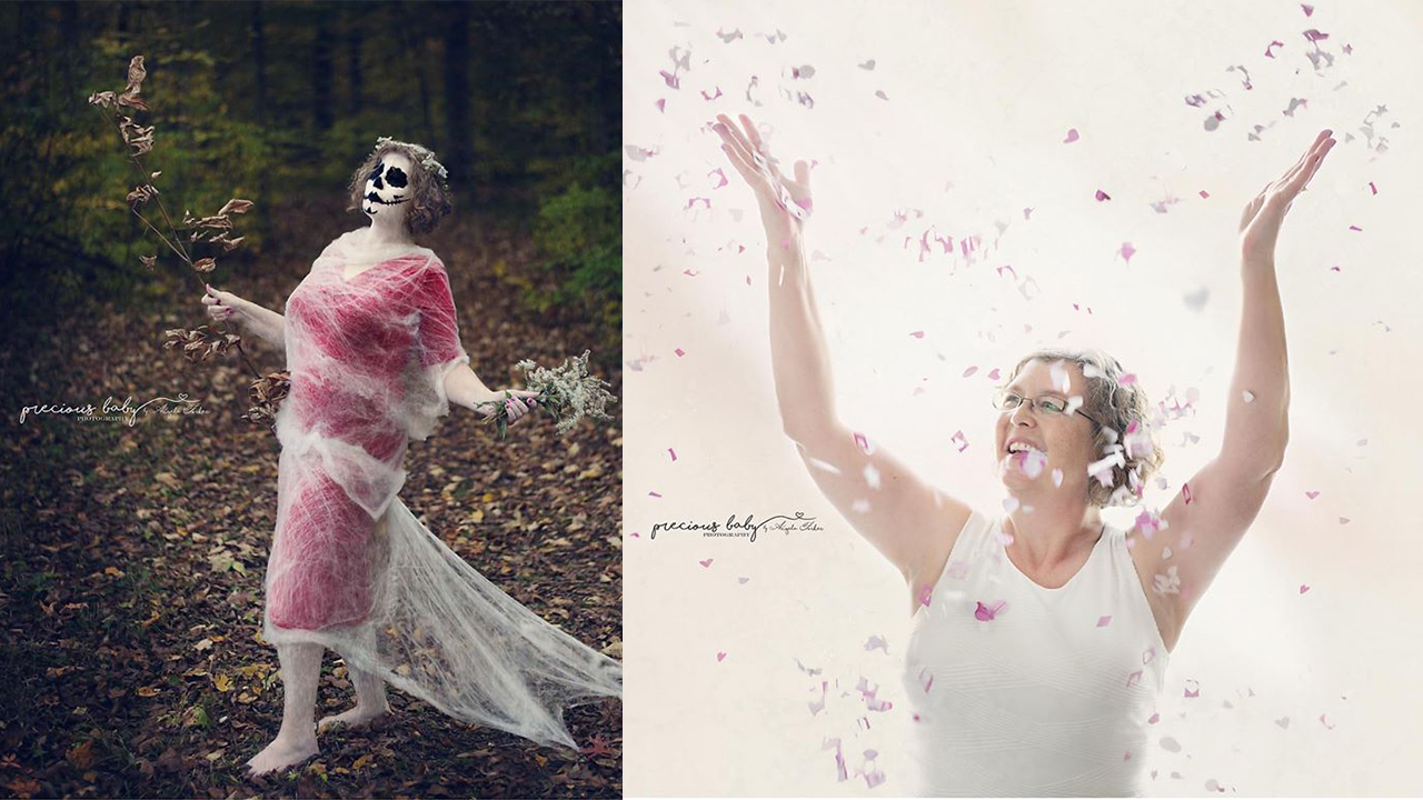 Side-by-side artistic photos by Angela Forker showing me as the walking dead and joy - Cheryl Krichbaum