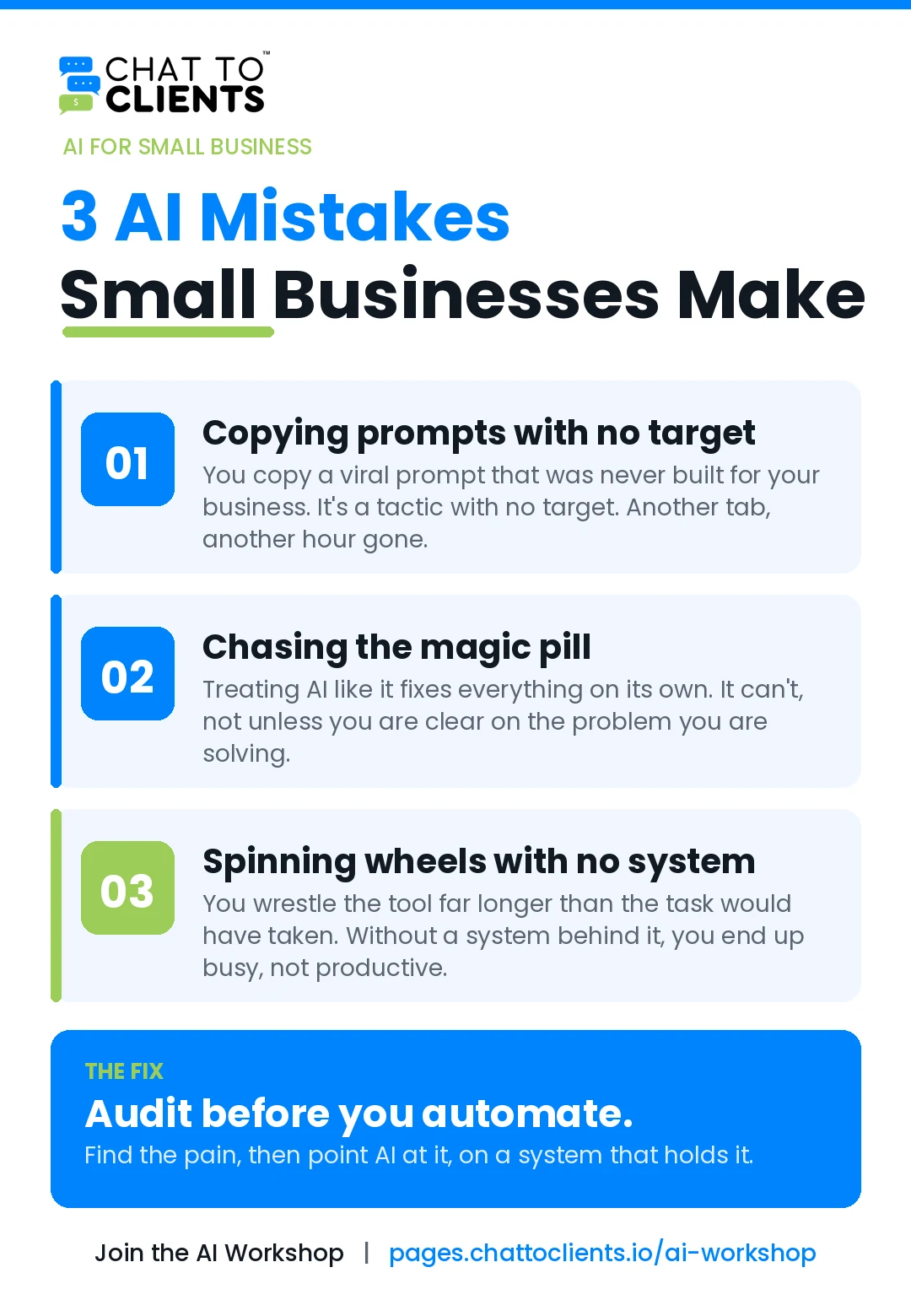 Infographic: the 3 AI mistakes small businesses make and the audit-first fix