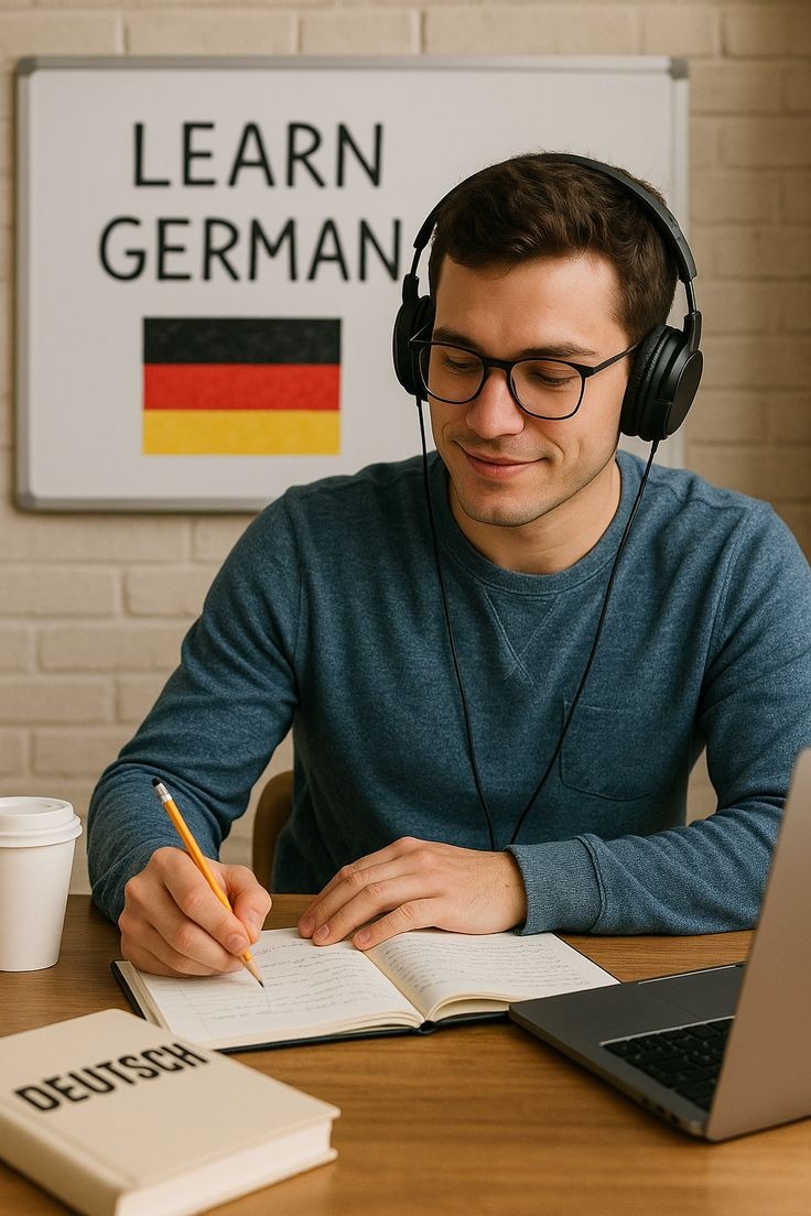 A student wearing headphones writing notes, with a Learn German board and a Deutsch textbook on the desk