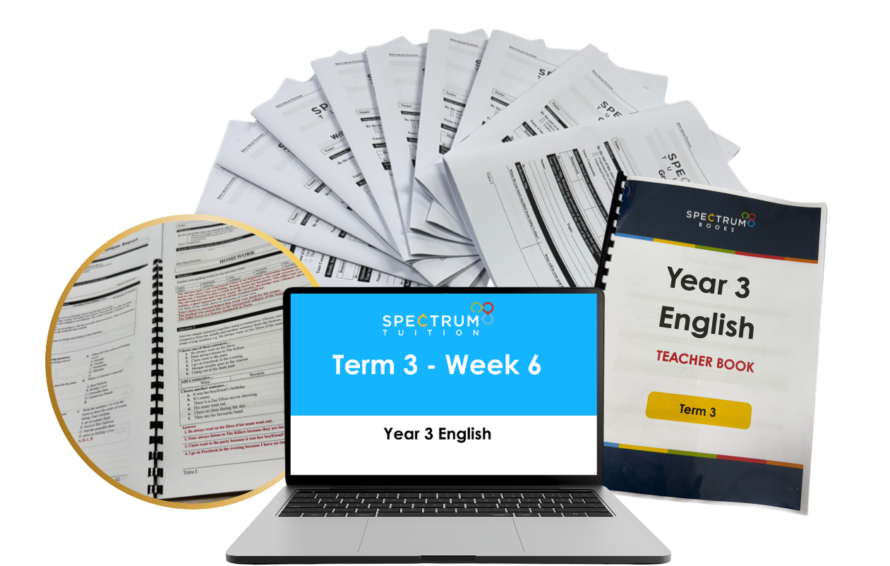 Spectrum Books student booklets, teacher companion book and lesson slide deck on a desk