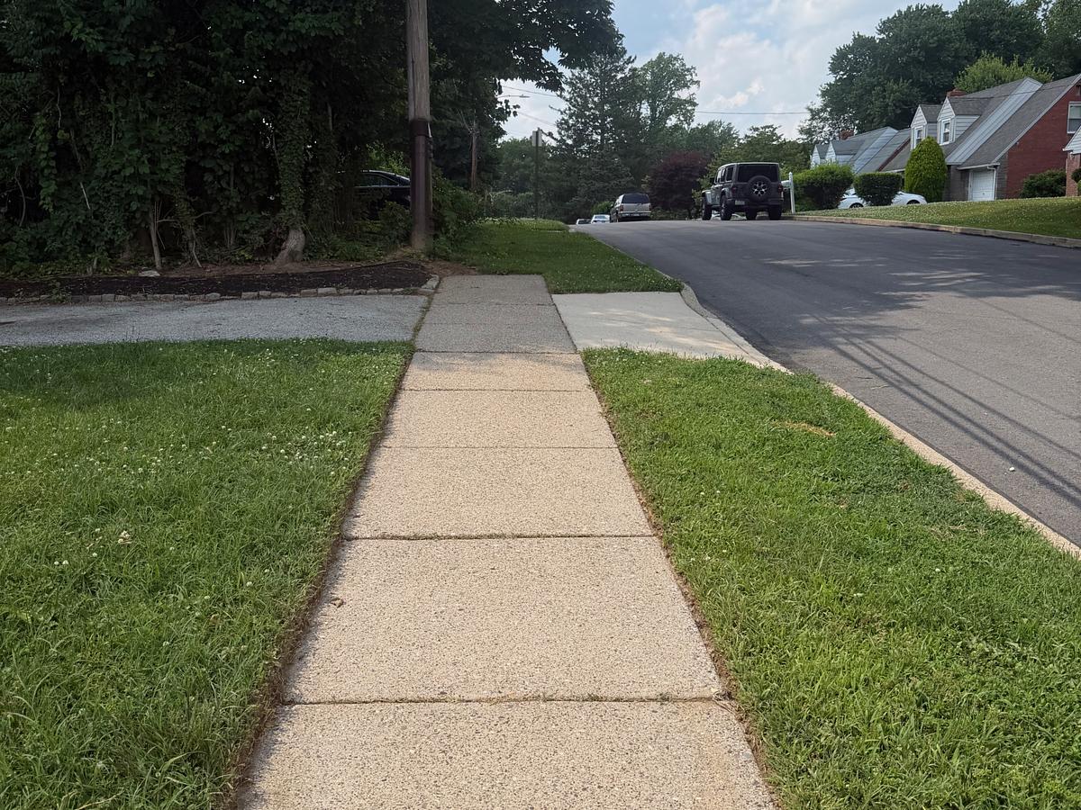 Washed concrete sidewalk running between lawns in Havertown, PA, clean and even in full sun