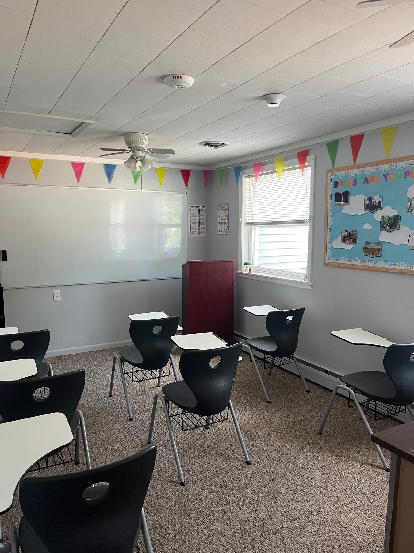 Bright classroom with student desks