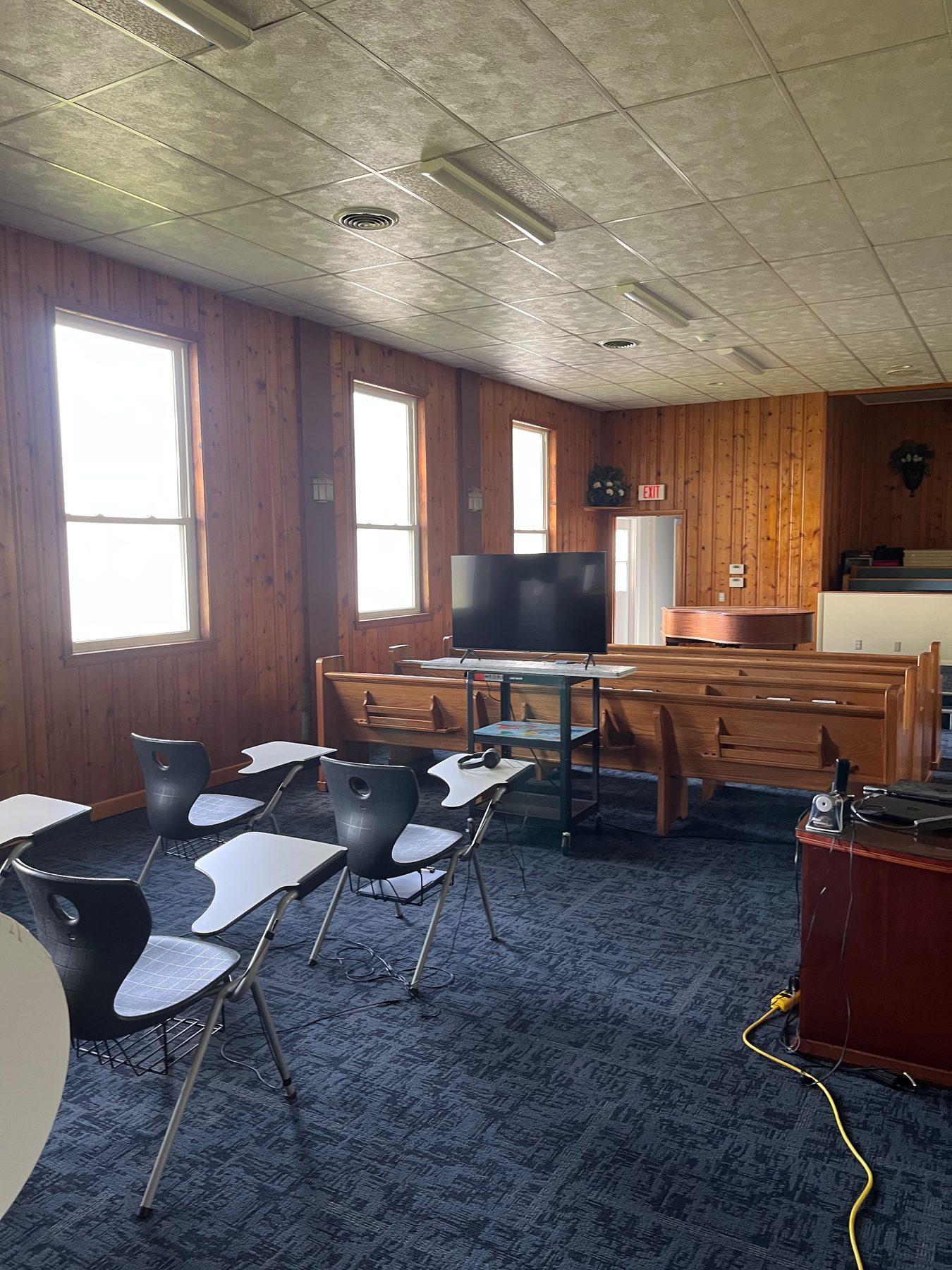 Classroom with wood paneling